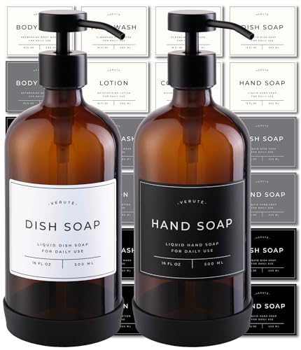 Hand and Dish Soap Dispenser for Kitchen and Bathroom (Amber Bottle / Black Pump)