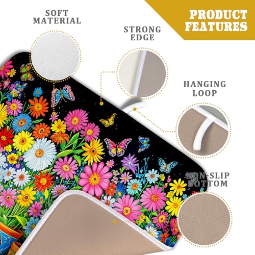 Colorful Floral Dish Drying Mat 16 X 18 Black Spring Flowers Absorbent Microfiber Kitchen Decor Counter Mats (Vintage Flowers Colorful / 18" x 16")