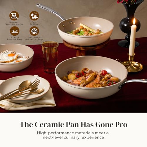 Ceramic Frying Pan Nonstick Omelette Pan 9.5 Inch Non Toxic Skillet (Beige / 9.5 Inch)