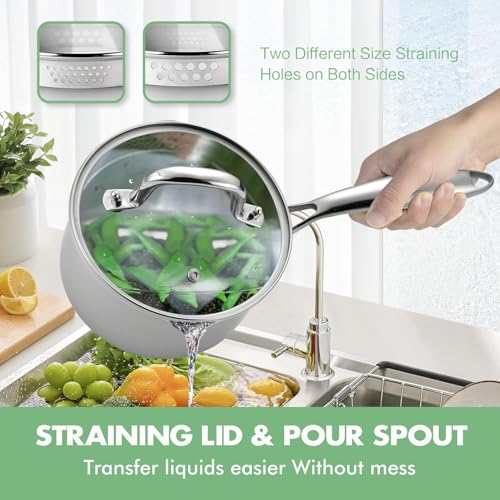 Tri Ply Stainless Steel Sauce Pan with Steamer Basket & Strainer Glass Lid (2 Quarts)