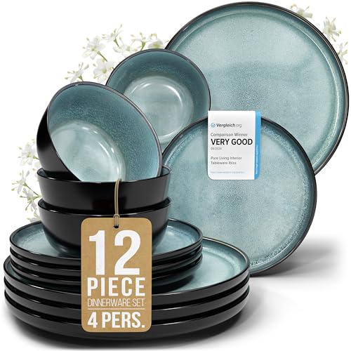 12 Piece Stoneware Dinnerware Set for 4 (Dark / Petrol / Set for 4 (12pcs))