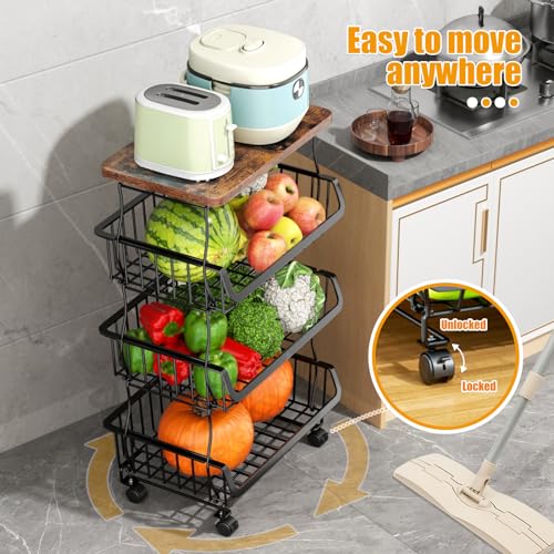 4 Tier Fruit and Vegetable Basket for Kitchen with Wheels (4 Tier / Black With Wooden Top)