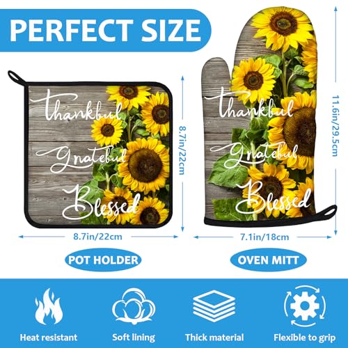 Sunflower Wood Grain Oven Mitts and Pot Holders Sets Heat Resistant 4Pcs Potholders Oven Gloves Hot Pads for Kitchen Baking Cooking Grilling BBQ (Thankful Grateful Blessed)