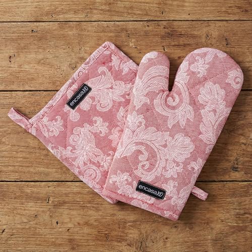 Oven Mitts and Pot Holders Set (Oven Glove + Pot Holder / Floral Red)