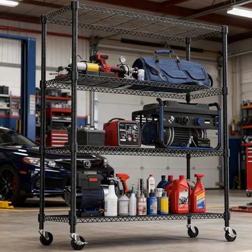 1400LBS 47.2" W 4 Tiers Storage Shelves Metal Shelving Unit with Wheels Heavy Duty Garage Shelving Adjustable Wire Shelves for Pantry (4 Tiers, 17.7"D x 47.2"W x 62.7"H / Black)