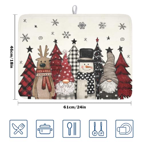 Winter Snowman Gnome Dish Drying Mat Xmas Tree Dishes Pad 18"x24" Microfiber Fast Dry Dish Drainer Rack Mats Kitchen Countertop Accessories (Winter Snowman Gnome / 18x24 inch)