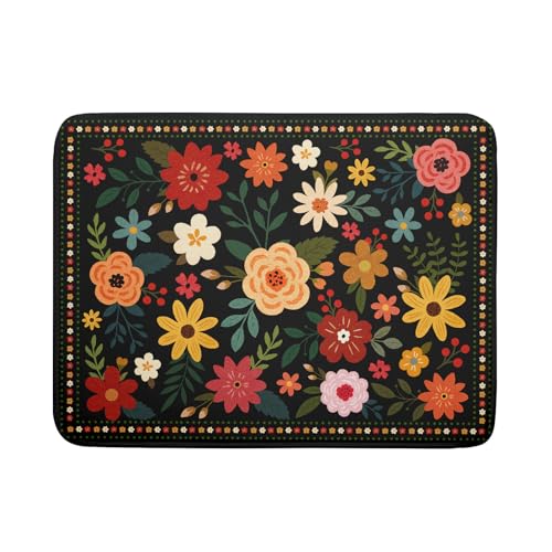 Boho Floral Dish Drying Mat 18x24 Inch Colorful Flower Dishes Dry Mats Absorbent Washable Drainer Rack Pad Protective Kitchen Counter Decor (Black Boho Floral / 24" x 18")