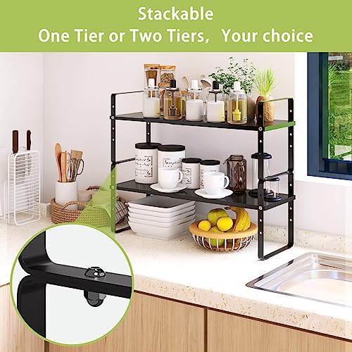 Expandable Cabinet Shelf Organizer Rack (7.87''D*13-20''W*8.27''H / Black-2 Pack)