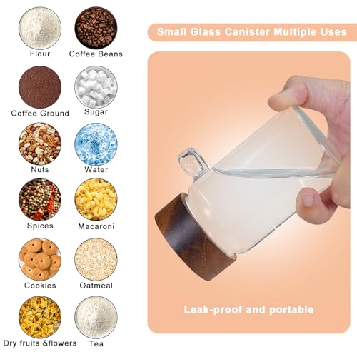 8 oz Small Glass Mason Jars with Scoop Wooden Screw Lid Spice Herb Storage Container Clear Round Glass Food Canister for Seasoning Sugar Tea Coffee Bean Spice Salts Pantry (2×250ml(8.4oz)with scoop)