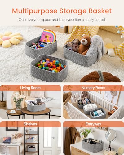 Small Woven Storage Basket for Organizing (Mixed Grey / 13.5"L x 9.5"W x 5"H)