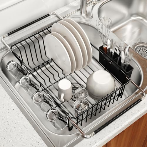 Expandable Dish Drying Rack Over Sink with Anti (Black / For 11.5"-16" W Sink with Cup Holder)