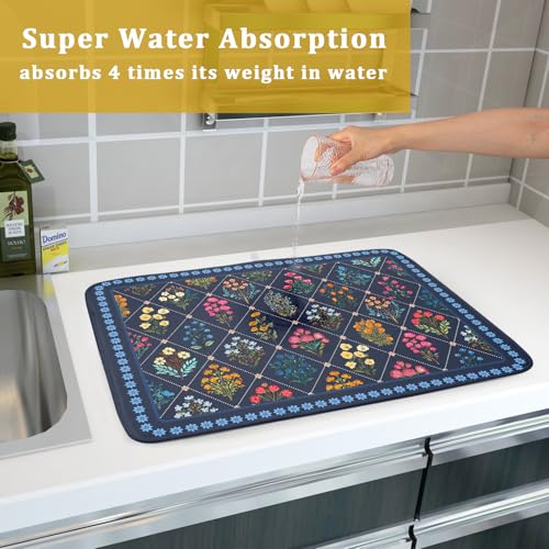 Machine Washable Dish Drying Mat for Kitchen Counter Blue Florals (Wildflowers Dark Blue / 24" x 18")
