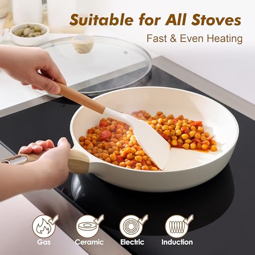 8inch Ceramic Nonstick Frying Pan Paella Pan with Lid (8 Inch / CREAM White)