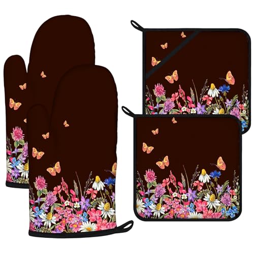 Watercolor Flowers Oven Mitts and Pot Holders Sets 4Pcs (Watercolor Flowers)