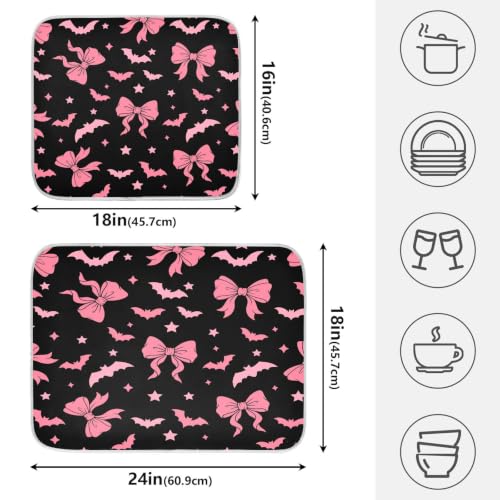 Halloween Dish Drying Mat for Kitchen Counter Absorbent Microfiber Large Drying Pad Pink Bat Bow Dish Mats for Kitchen Countertops 18 x 24 Inch (Halloween Bat Bow / 24" x 18")