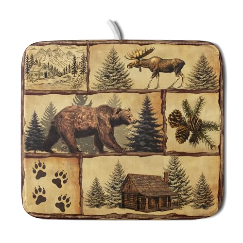 Vintage Bear Moose Dish Drying Mat 16x18 Inch Country Cabin Absorbent Dish Draining Mat Heat Resistant Drying Pad for Counter Sink Home (Vintage Bear Moose / 16" x 18")