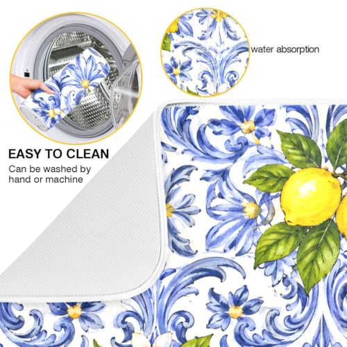 Lemon Blue Tiles Dish Drying Mat for Kitchen Counter Absorbent Microfiber Drying Pad (18" x 24")