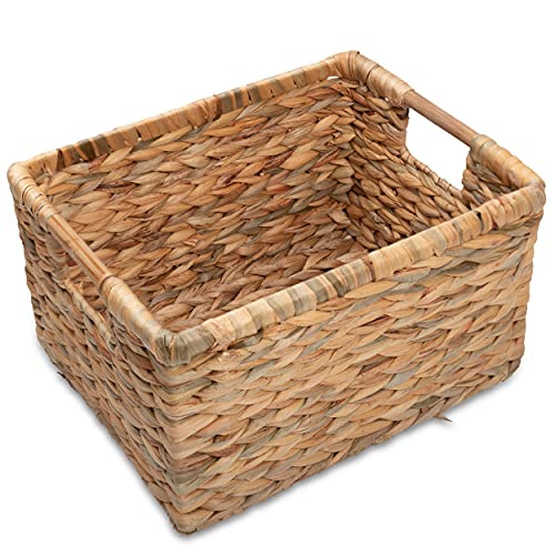 Large Rectangular Wicker Basket with Wooden Handles for Shelves and Storage (Water Hyacinth / Large (14.5"L x 10.3"W x 7.5"H))