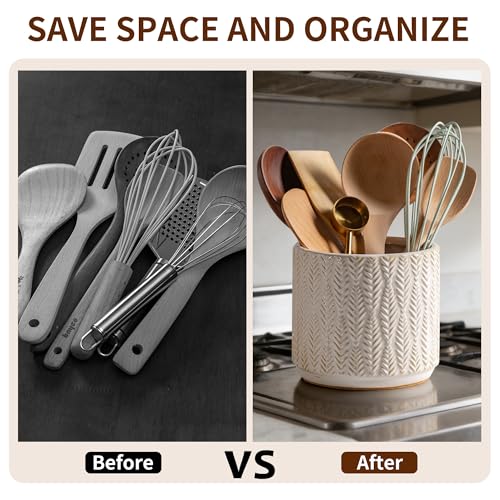 Utensil Holder Rustic Farmhouse Ceramic Utensil Crock for Countertop 5.3 (White)