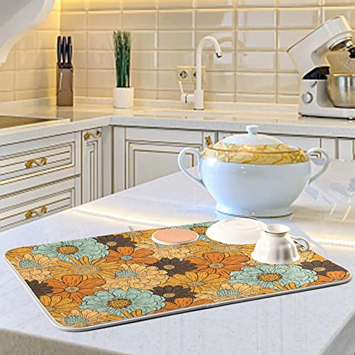 Super Absorbent Dish Drying Mat (Retro Flower Daisy / 18" x 24")