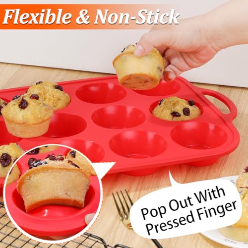 Silicone Muffin Pan with Metal Reinforced Frame Regular Size Muffin Pan with Handle Easy to Move 12 Cups for Baking Nonstick Muffin Tin BPA Free 1 Pack Red (Metal Framed: 12-Cup Regular)