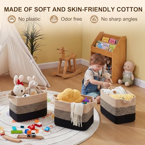 Cotton Rope Storage Baskets for Organizing Black & Brown 3 (Black & Brown / 3 pcs-13”x9.9”x8.7”)