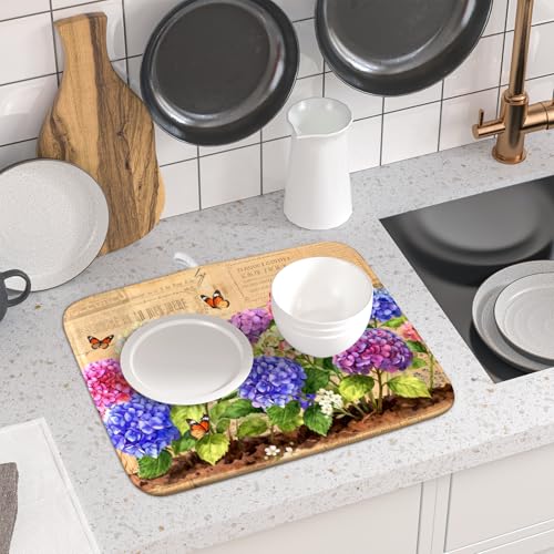 Vintage Hydrangea Dish Drying Mat Watercolor Floral Microfiber Absorbent Dish Drying Pad for Kitchen Counter Small (Vintage Hydrangea Brown / 18" x 16")