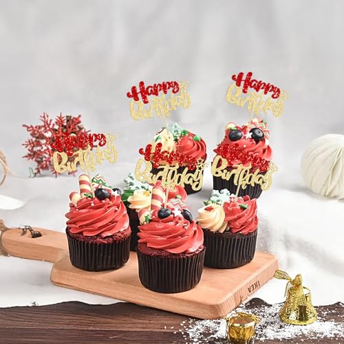 24Pcs Happy Birthday Cupcake Toppers Double Layer Glitter Happy Birthday Cake Decorations for Christmas Theme Baby Shower Anniversary Party Decorations Supplies Red Gold (Style 1 / Red Gold)
