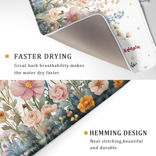 Colorful Flower Dish Drying Mat 18x24 Inch Botanical Floral Drainer Rack Mats Washable Absorbent Dish Dry Pad for Kitchen Counter Sink (Colorful Flower / 18" x 18")