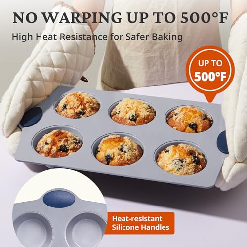 2-Pack 6-Cup Non Toxic Nonstick Ceramic Jumbo Muffin Pan & Cupcake Tin, PFOA & PFOA Free, Rust-Resistant Aluminized Steel, Oven Safe, Blue (Blue / 6 Cup Jumbo Muffin Pan (2 pack))