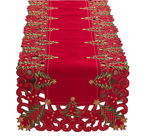 Pandoro Collection Holiday Embroidered Christmas Tree Cutwork Border 16 x 54 Inch Table Runner (Red / 16"x54" Table Runner)