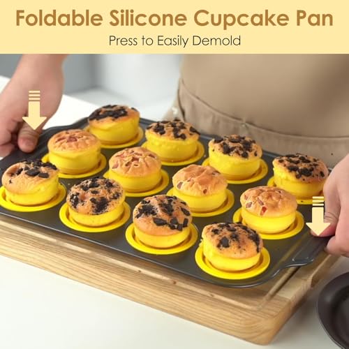 12 Cups Silicone Muffin Pans for Baking with Metal Frame (12 Cups Yellow)