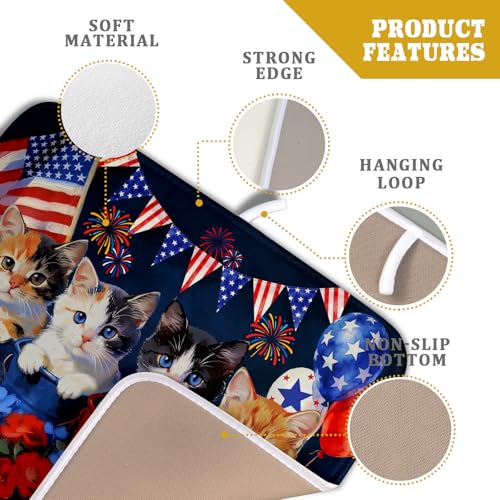 4th of July Dish Drying Mat Patriotic Cats Dish Drying Rack Mat for Kitchen Counter Small (Patriotic Cat Blue / 18" x 16")