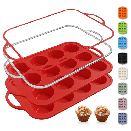 2 Packs 12 Cups Silicone Muffin Pan for Baking with Metal Reinforced Frame Regular Size Cupcake Pan Tray Egg Bites Silicone Cookie Molds Muffin Tin Tart Pans Sheet Set for Oven Dishwasher Safe (Regular / Red)