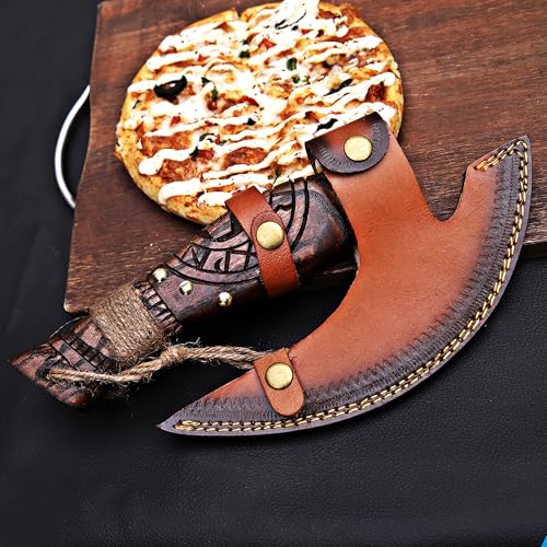 Pizza Cutter Axe Rocker Carbon Steel Slicer Chef Pizza Cutter Viking Axe with Leather Cover (Royal Skull)