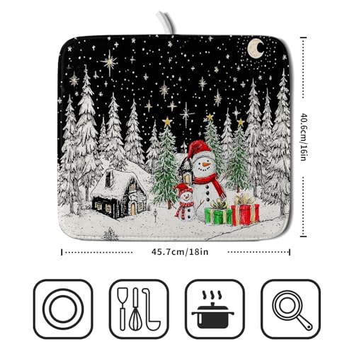 Winter Snowman Dish Drying Mat 18 X 16 in Black Microfiber Dish Pad Absorbent Holiday Kitchen Accessories (Winter Snowman Black / 18" x 16")