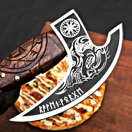 Pizza Cutter Axe Rocker Carbon Steel Slicer Chef Pizza Cutter Viking Axe with Leather Cover (Royal Skull)