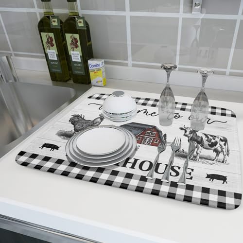 Farmhouse Barn Dish Drying Mat 18x24 Inch Cow Rooster Absorbent Microfiber Dish Drainer Rack Pad Bottles Protector for Kitchen Counter (farm barn / 18" x 24")