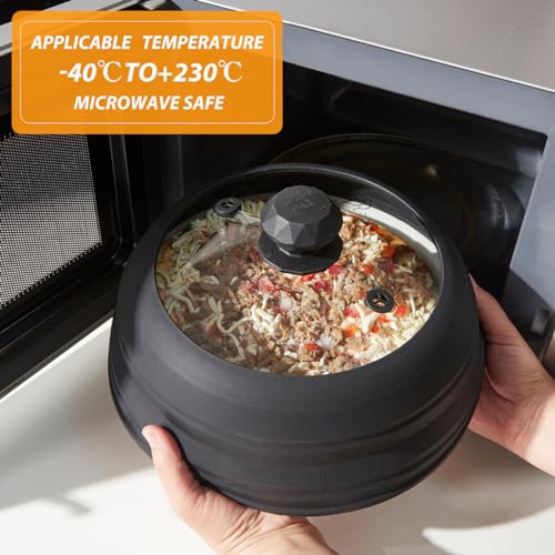 Microwave Splatter Cover Vented Glass Cover Splatter Guard Lid with Collapsible Silicone for Food as Pot Cover Plate Cover 10.8 inch for 6 7 8 9 10 inch Plate Bowl Black (10.8 inch / Black Lid)