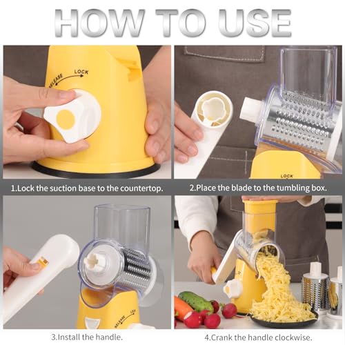 Rotary Cheese Grater Hand Crank Cheese Shredder for Fresh Cheese (3 BLADES / Yellow)