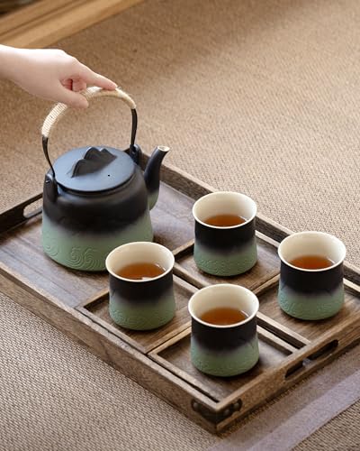 Japanese Teapot Set with 4 Cups (Black & Pea Green / 33.8oz Teapot&4 of 8oz Cups)