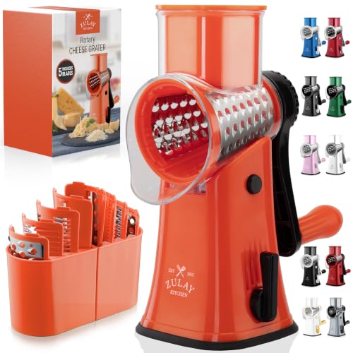 Rotary Cheese Grater Manual Hand Crank 5 Blade Shredder (5 Blades / Orange & Black)
