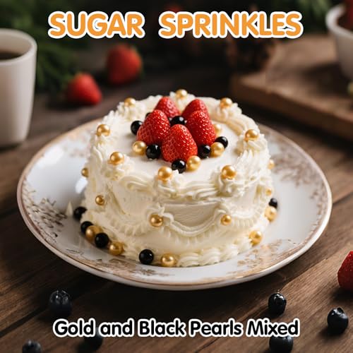Edible Pearl Sprinkles for Cake Decorating (Gold Black Pearl)