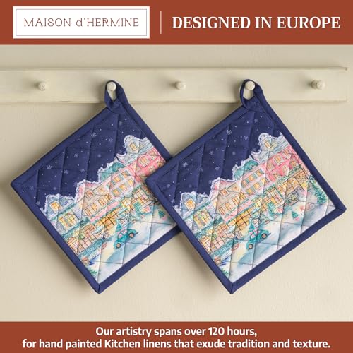 Pot Holders 100% Cotton Potholders (123 - Christmas Market - Blue / 8" x 8" (Pot Holder Pack of 2))