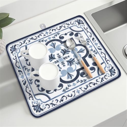 Navy Flower Dish Drying Mat Modern Boho Microfiber Dishes Drainer Pad 16x18 Inch Absorbent Fast Dry Dish Rack Mat for Kitchen Counter Sink (Boho Navy Floral / 16x18 inch)