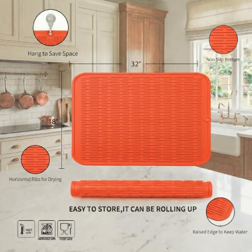 Silicone Dish Drying Mat for Multiple Usage (Orange / 32"L x 18"W)