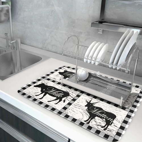 Farmhouse Animal Dish Drying Mat Buffalo Plaid Drainer Rack Mats Fast Dry Absorbent Kitchen Countertop Protector Dishes Pad 18x24 Inch (farmhouse animal / 18" x 24")
