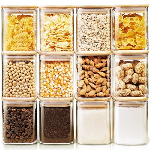 17 oz Square Glass Food Storage Containers with Airtight Bamboo Lids 12Pack (12 Count)