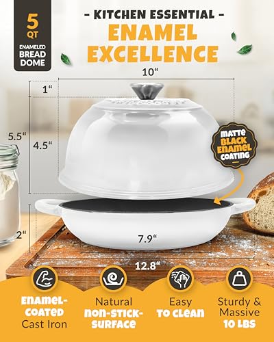 5 QT Enameled Dutch Oven for Bread Baking with Lid & Starter Kit (White / 5QT Dome)
