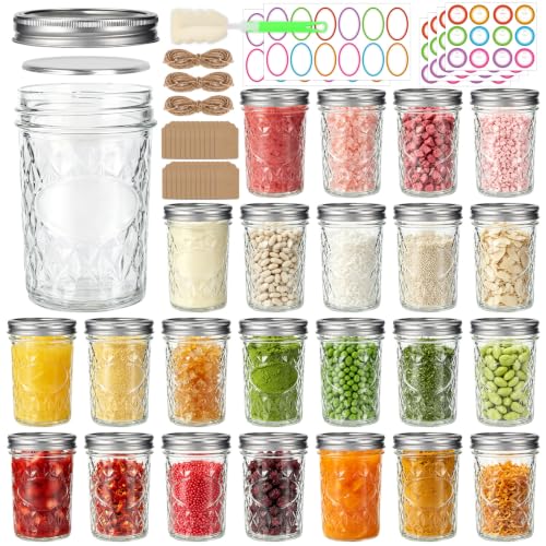 8oz 24 Pack Glass Mason Jars with Airtight Silver Lids and Bands (8oz-24pcs-D)